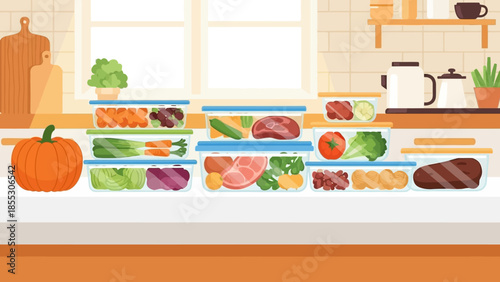 Neatly organized kitchen counter with food storage containers and fresh produce