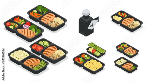 Isometric healthy meal prep with variety of dishes and ingredients