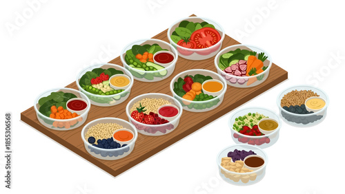 Colorful isometric salad bowls arrangement on wooden tray