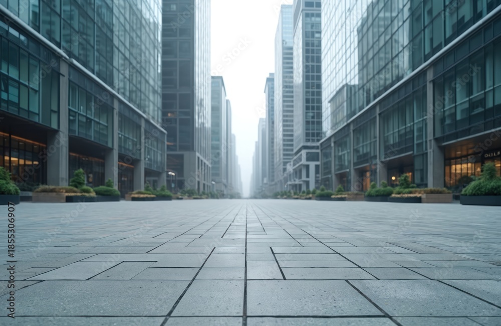 Fototapeta premium Empty pedestrian area between modern skyscrapers in a big city center. Tall glass buildings line a wide, paved walkway. The urban landscape extends into hazy distance.
