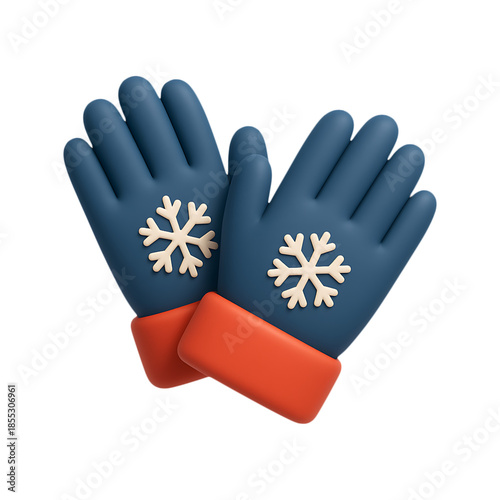Detailed 3d render of blue winter gloves with snowflake designs on transparent background