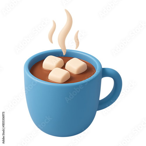 A warm blue mug filled with hot chocolate and marshmallows on transparent background
