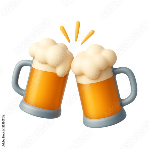 Two frothy beer mugs clinking together in a celebratory toast on transparent background