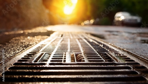 The Grate Of The Storm Sewer After The Rain The Water Drains Into The Storm Drain Sun Glare Defocused Background