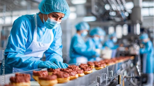Food Processing Worker Inspecting Meat Patties on Conveyor Belt in Modern Factory Environment from Side View