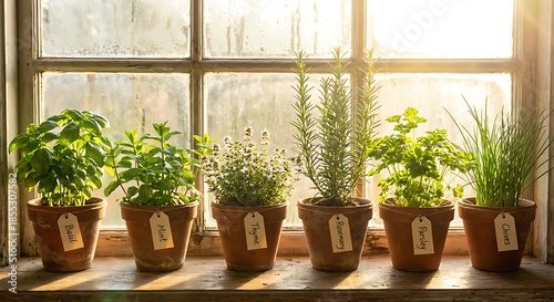 Fresh culinary herbs growing in terracotta pots on sunny windowsill with labels