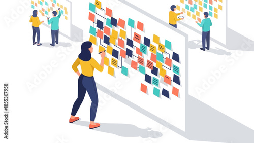 Team collaboration and brainstorming with colorful sticky notes on wall panels in isometric design