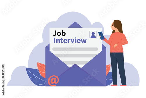 Woman received an job interview invitation by an email, invitation to find the best candidates