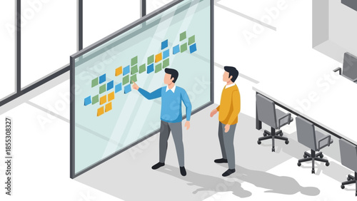 Team collaboration in modern office with interactive glass board and sticky notes