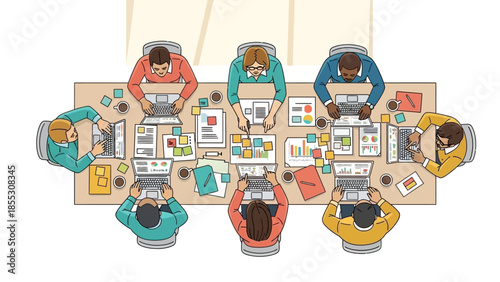 Collaborative teamwork in modern office setting seen from above