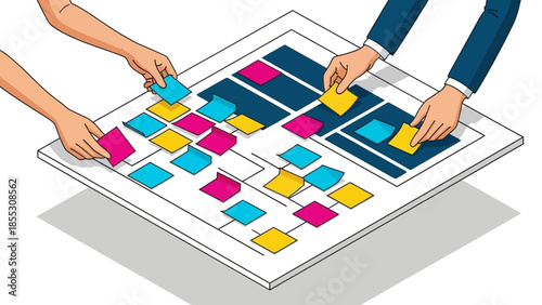 Team collaboration with sticky notes on project planning board in modern workspace