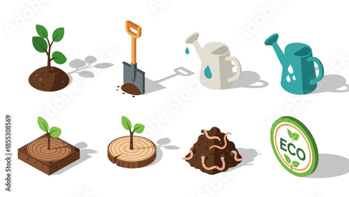 Isometric gardening icons: seedlings, tools, and eco elements for sustainable design