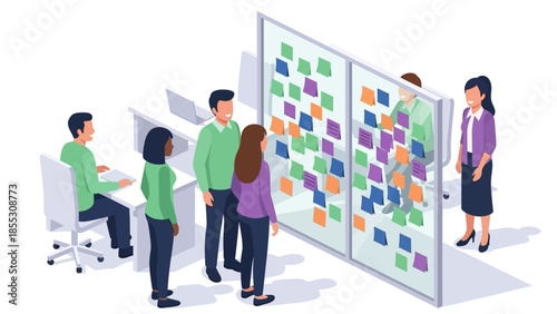 Collaborative office brainstorming with teamwork on glass board