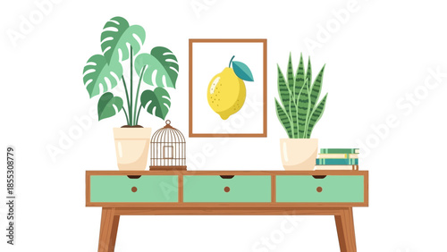 Stylish interior scene with plants and artwork on a wooden table