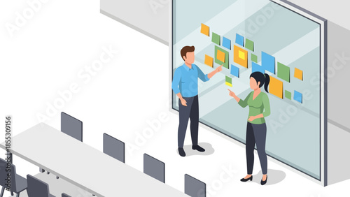 Office collaboration scene with team brainstorming ideas on glass wall using colorful sticky notes