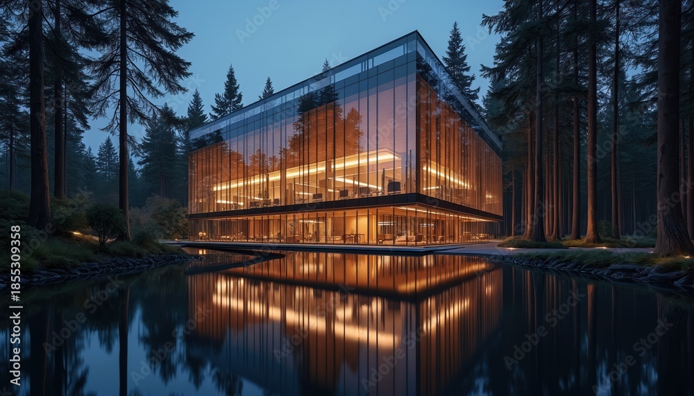 Fototapeta premium Modern glass building reflects in still water at twilight surrounded by tall pine trees. Interior lights illuminate office spaces inside. Calm forest setting with a clean, sleek facade.