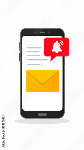 Smartphone with a new email notification alert on its screen, featuring a vibrant red bell icon bubble, representing incoming messages and digital communication