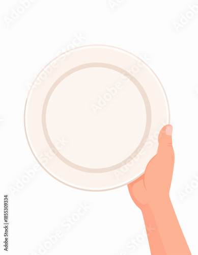 Clean and empty white dinner plate held by a human hand, presented against a pristine background, symbolizing readiness for serving, a new meal, or a fresh start in culinary concepts and hospitality