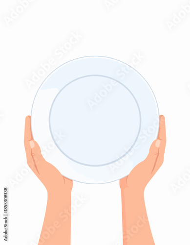 A pair of human hands gently holds and presents a clean, empty white ceramic plate against a minimalist background, conveying a sense of readiness for a meal, service, or a fresh culinary beginning