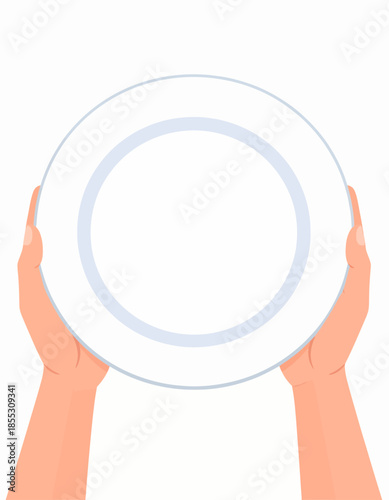 A pair of human hands gently presenting a clean, empty white dinner plate, ready for a meal, food serving, or symbolizing a fresh start or anticipation