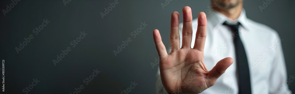 Naklejka premium Man in white shirt and tie shows open palm. Gesture of stop or denial. Unidentified person, neutral background. Professional pose. Facing forward.