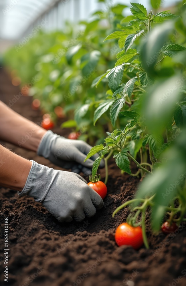 Fototapeta premium Gloves protect hands while tending ripe red tomatoes in greenhouse garden. Growing fresh vegetables in rich dark soil. Cultivating healthy food.
