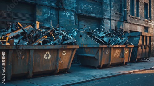 A city street scene at night with multiple metal garbage bins and a graffiti-covered wall in the background.
