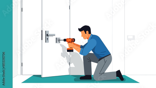 Skilled repairman fixing door lock with power drill in modern home