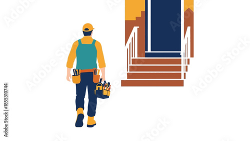 Handyman approaching home staircase with tool bag in flat design