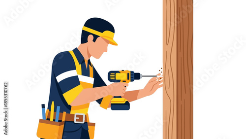 Carpenter using electric drill on wood in flat design