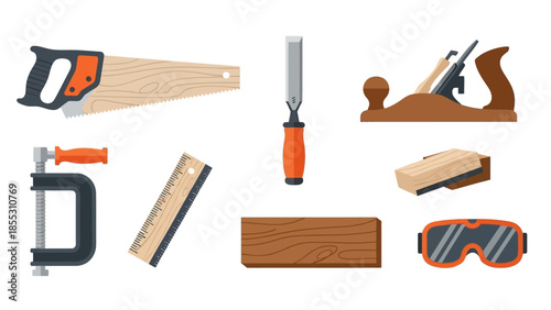 Woodworking tools set: saw, chisel, clamp, and more in flat style