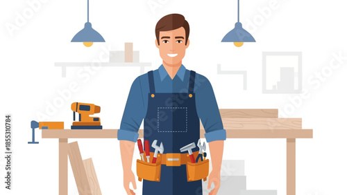 Smiling carpenter with tools in workshop wearing blue overalls
