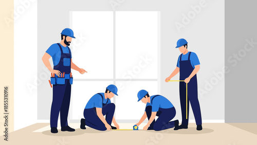 Team of workers measuring and planning in construction scene in a