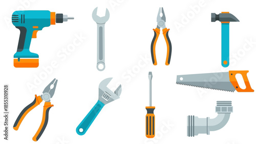 Essential hand tools set with modern flat design for diy and