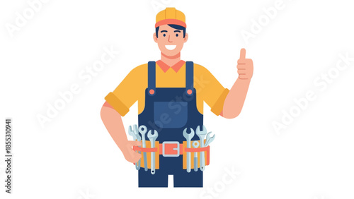 Smiling tradesperson wearing overalls and toolbelt giving thumbs up