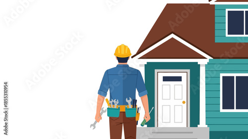 Home repair professional facing house exterior with tools and hard hat