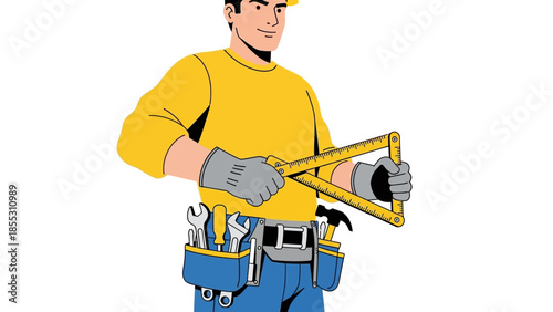 Cartoon handyman holding triangle ruler with tool belt and yellow