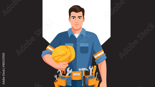 Construction worker with tool belt and helmet in modern design
