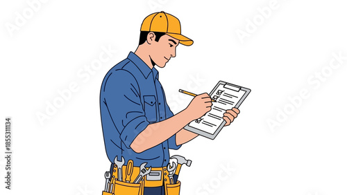 Construction worker writing on checklist wearing tool belt and cap