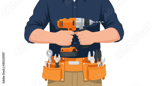 Handyman holding power drill with tool belt in detailed flat design