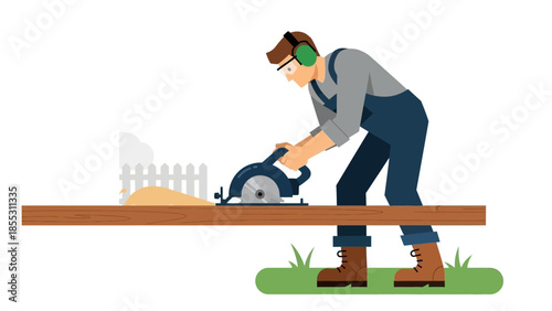 Flat design carpenter using circular saw in workshop setting