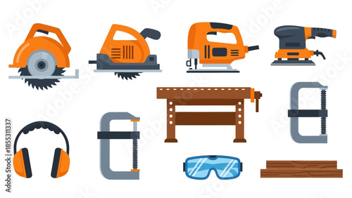 Flat design collection of power tools and workshop equipment