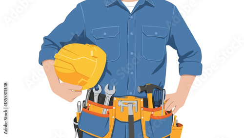Handyman in blue shirt with tool belt and yellow hard hat on white