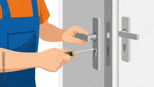 Flat design of repairman fixing door lock with screwdriver in modern