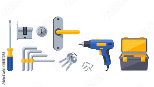 Essential home repair tools with drill, keys, and tool box in flat