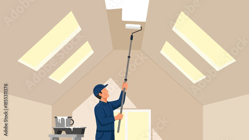Professional painter working on ceiling in modern room with roller