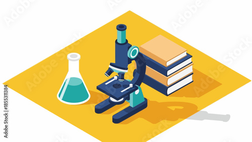 Isometric microscope and books on yellow background with lab flask