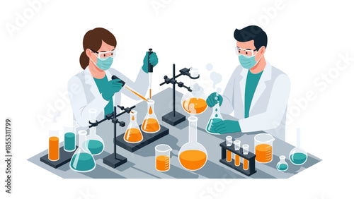Scientists in lab conducting experiments with flasks in flat design