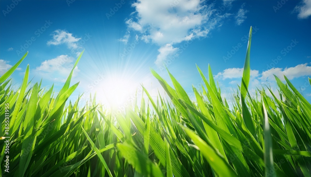 Obraz premium Bright Sun Shining Through Green Grass Blades Under Blue Sky