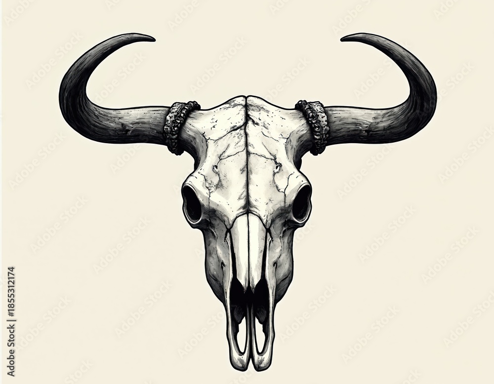 Obraz premium Detailed line art illustration of a bull skull. The monochrome artwork features horns and bone texture. This graphic design is perfect for tattoo ideas or Western themes.
